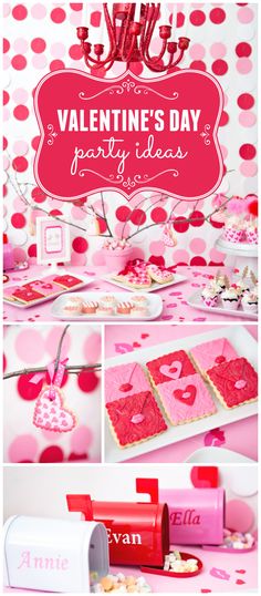 valentine's day party ideas with pink and red polka dot wallpaper, cupcakes, candy boxes, cookies