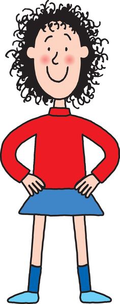 a drawing of a girl with curly hair wearing a red shirt and blue skirt, holding her hands on her hips