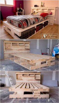 the bed is made out of wooden pallets and has been placed on top of each other