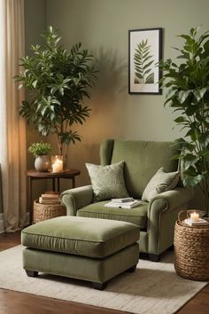 a living room with green furniture and plants in the corner, along with a wicker basket