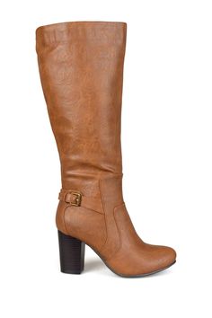 Steal the show this season in heeled boots by Journee Collection. These stylish boots feature tall faux leather shafts that rise mid-calf. Sizing: True to size. Round toe. Inner zip closure. Ankle buckle. Approx. 3" heel height. Approx. 16" shaft height, 15.25" opening circumference. Imported Brown Tall Heeled Boots With Wide Calf, Brown Tall Heeled Boots For Wide Calf, Brown Tall Wide-calf Heeled Boots, Fall Faux Leather Knee-high Boots, Fall Faux Leather Tall Knee-high Boots, Wide Calf High Heel Faux Leather Boots, Brown Knee-high Boots With Wide Calf, Tall Mid-calf Heeled Boots For Fall, Mid-calf Heeled Boots For Fall