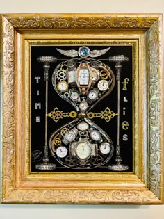 there is a painting with clocks in the shape of an hour and hour hands on it