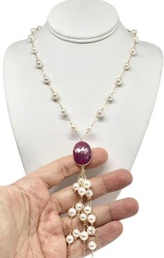 Akoya Pearl Ruby Necklace 8.25 mm 24" 14k Gold Italy Certified $4,750 – Certified Fine Jewelry Luxury Akoya Pearl Necklace In Exquisite Style, Ethiopian Opal Necklace, Diamonds And Pearls, Saltwater Pearls, Morganite Diamond