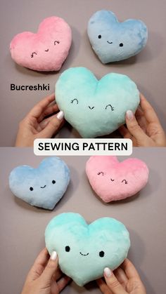 four different types of pillows with faces and hands holding them in the shape of hearts