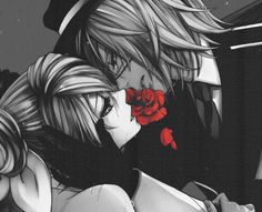 two anime characters hugging each other with red roses on their foreheads and black hair