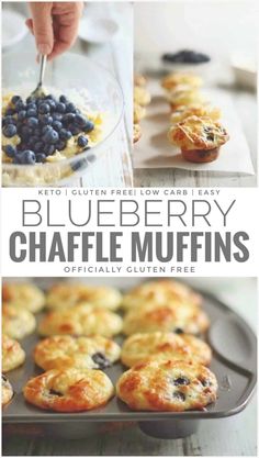 blueberry chaffle muffins in a pan with text overlay