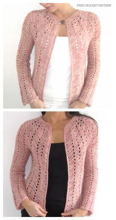 two pictures of a woman wearing a pink crocheted cardigan