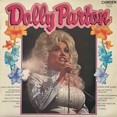 dolly parton on the cover of an old record with flowers around her neck and microphone