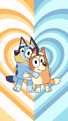 two cartoon cats hugging each other in front of an abstract background