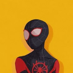 the spider man is standing in front of a yellow background