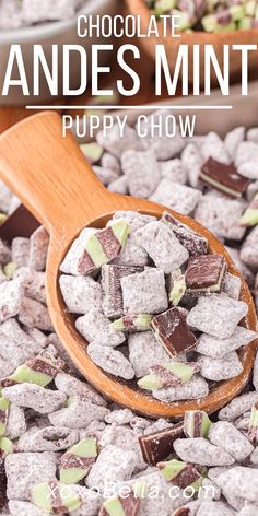 a wooden spoon full of chocolate candies with the title overlay reads chocolate candies mint puppy chow