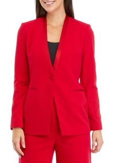 Luxe satin trim elevates this tuxedo-style jacket from Calvin Klein. | Calvin Klein Women's Long Sleeve Tuxedo Collarless Jacket with Satin Trim, Red, 2 Collarless Jacket, Trim Styles, Tuxedo Style, Suit Separates, Calvin Klein Woman, Women Long Sleeve, Suit Jacket, Calvin Klein, Satin