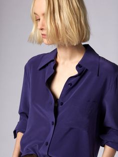 Purple Relaxed Fit Collared Top, Purple Top With Spread Collar And Button Closure, Classic Purple Relaxed Fit Top, Purple Relaxed Fit Collared Shirt, Purple Relaxed Fit Shirt For Workwear, Purple Relaxed Fit Shirt For Work, Pointed Flat Collar, Trench Dress, Flat Collar