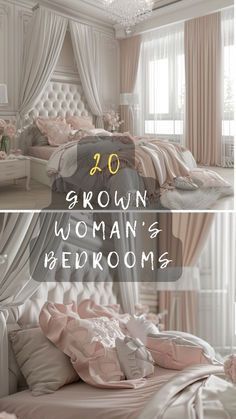 there are two pictures of a woman's bedroom with pink and white decor on the walls