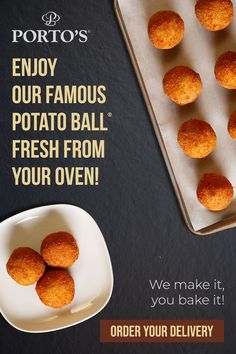 an advertisement for potato balls on a tray with a plate of them next to it