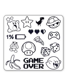 the game over sticker is shown in black and white, with different items on it