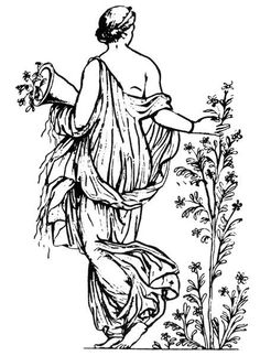 a black and white drawing of a woman with flowers in her hand, standing next to plants