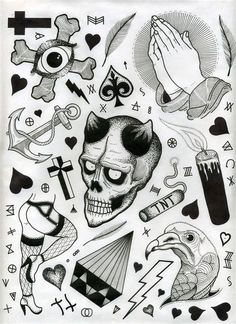 a tattoo design with skulls and other symbols