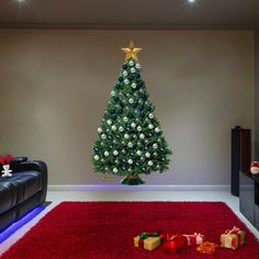 a living room with a christmas tree in the corner and presents on the floor next to it