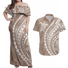 polynesian-pride-couples-matching-off-shoulder-maxi-dress-and-hawaiian-shirt-turtle-hibiscus-luxury-style-beige Pride Couples, Hibiscus Shirt, Off Shoulder Maxi Dress, Summer Maxi, Couples Matching, Luxury Style, Long Sleeve Bodycon, Long Sleeve Bodycon Dress, Summer Maxi Dress