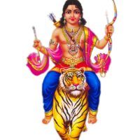 a statue of the hindu god sitting on top of a tiger with two spears in his hand