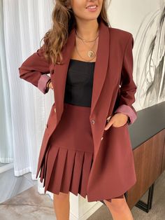 Elegant and casual long jacket with a matching pleated skirt. Shaped by an oversized collar and long sleeves, this jacket has lovely detail. Perfect for everyday, b-day party or evening dinner it will look perfectly with high knee shoes or elegant high heels. A.P.Line is more than just a custom-made clothing brand; we are the style experts, the design gurus and the professional seamstresses readily at your service. Express your individuality with a bit of modern luxury that has been tailored fro Professional Skirts Business, Formal Skirt Suits For Women, Solid Long Sleeve Skirt Suit For Fall, Fall Long Sleeve Skirt Suit, Pleated Long Sleeve Fall Blazer, Spring Office Blazer With Pleated Details, Spring Office Pleated Blazer, Fall Pleated Skirt Suit With Long Sleeves, Pleated Long Sleeve Formal Outerwear