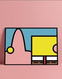 a pink wall with an abstract painting on it's side and a yellow object in the middle