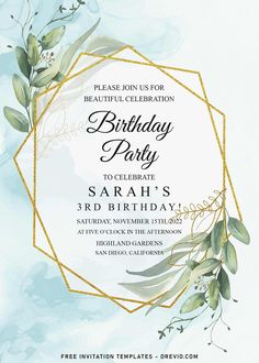 an elegant birthday party with watercolor leaves and greenery on the front, in gold frame