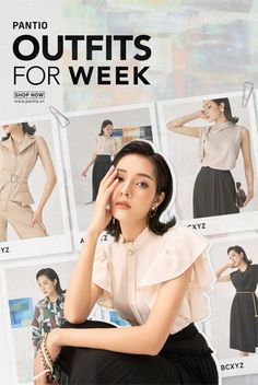 a woman sitting on top of a chair next to pictures of women in different outfits