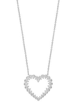 A heart-shaped pendant of 26 diamonds delivers eternal shine to this stunning necklace handcrafted from 18-karat white gold. 16" length; 2" extender; 5/8"W x 3/4"L pendant Total diamond weight: 0.65ct. Color: G Clarity: VS 18k gold/diamond Imported >Diamond Guide Certified member of the Responsible Jewellery Council (RJC), which sets standards for supply chain integrity and sustainability throughout the global jewelry and watch industries Necklace With Kids Diamonds, Luxury Silver Diamond Heart Pendant Necklace, Luxury Silver Heart Pendant Diamond Necklace, Silver Heart Pendant Luxury Diamond Necklace, Luxury Sterling Silver Open Heart Necklace, Luxury White Gold Heart Pendant Diamond Necklace, Luxury White Gold Open Heart Necklace, Elegant Heart-shaped Diamond Necklace, Elegant Open Heart Diamond Necklace With Single Cut Diamonds