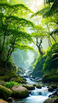 a stream running through a lush green forest filled with lots of trees and rocks,