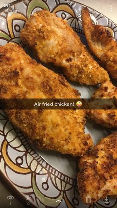 two pictures of fried chicken on a plate with the words air fried chicken written below