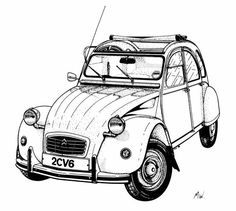 an old fashioned car is drawn in black and white