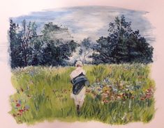 a drawing of a woman walking through a field with flowers and trees in the background