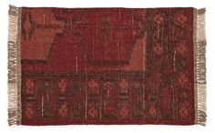 an old red rug with fringes on it