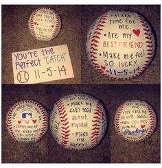 six baseballs with handwritten messages on them and one has a note that says you're the perfect pitcher