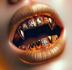 a woman's mouth with gold teeth and diamonds on it, in the shape of an open mouth