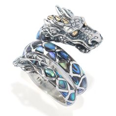 Featuring a dragon design that beautifully wraps around your finger, this Samuel B. bypass ring will make an eye-catching statement. Crafted in sterling silver with gleaming 18K yellow gold eyes, it features abalone shell scales that add gorgeous texture. This piece will add vibrant color and style to any look - it's perfect for any time wear. Pair it with matching drop earrings 204-266 for a stunning coordinated style. Unique Snake Ring With Dragon Design Gift, Abalone Jewelry, Jewelry Cleaning Solution, Bypass Ring, Gold Eyes, Pure Gold, Gold Accents, Pure Silver, Artisan Jewelry