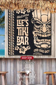 tiki bar sign with a wood carved Polynesian Tiki Mask and the words [Welcome to {family name} Tiki Bar, Good vibes only] on black faux wood. Tiki Bar Ideas, Polynesian Mask, Poolside Bar