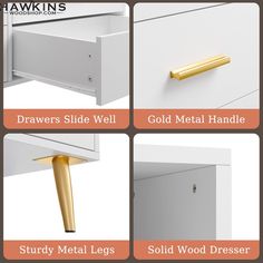 four different types of drawers with handles and pulls on them, including gold metal legs