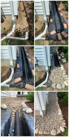 several pictures of different types of drainage pipes in the ground and on the side of a house