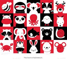 an image of many different animals on a red and black checkered background