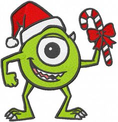 a green monster with a candy cane in his hand