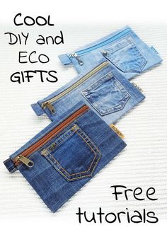 three pairs of jeans with zippers on them and the words cool diy and eco gifts