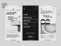 three vertical brochures with black and white designs on the front, back and sides