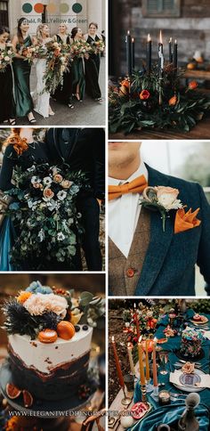 a collage of photos showing different types of wedding cakes, flowers and candles on display