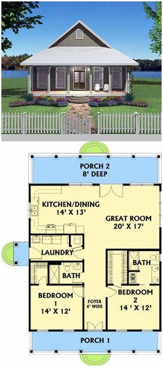 the floor plan for a small house with two bedroom and an attached porch, is shown