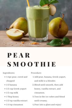 a recipe for pear smoothie on a table