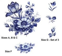 blue and white flowers are shown in different sizes, shapes, and colors on this page