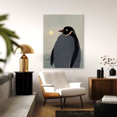 a penguin sitting on top of a white chair in a living room next to a lamp